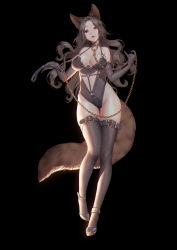 Rule 34 | animal ears, bare hips, bare shoulders, black footwear, black gloves, black leotard, black thighhighs, blush, breasts, brown eyes, brown hair, buckle, center opening, chain, cleavage, collar, collarbone, commentary, commission, dog ears, dog girl, dog tail, elbow gloves, forehead, gloves, gluteal fold, gold chain, haneame, high heels, highleg, highleg leotard, highres, holding, holding chain, large breasts, leotard, long hair, looking at viewer, love cacao, navel, original, parted bangs, parted lips, pink lips, real life, smile, solo, symbol-only commentary, tail, thigh gap, thigh strap, thighhighs, very long hair
