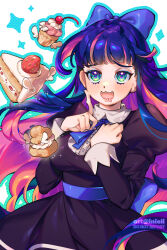 Rule 34 | 1girl, :3, :d, bad hands, blonde hair, blue bow, blue eyes, blue hair, blue ribbon, bow, breasts, cake, candy, collared shirt, colored inner hair, cupcake, drooling, food, green background, hair bow, hands up, highres, index finger raised, inioli, large bow, long hair, looking at viewer, medium breasts, multicolored hair, neck ribbon, open mouth, panty &amp; stocking with garterbelt, pink hair, ribbon, shirt, smile, solo, stocking (psg), strawberry shortcake, white background
