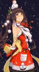 Rule 34 | absurdres, animal, animal on head, antlers, bird, bird on head, black background, blush, brown hair, cuisine dimension, dress, gift, gloves, hair ornament, highres, horns, long hair, looking at viewer, mimosa sou, on head, pocker, pocket, red dress, red gloves, scarf, snowflakes, solo, standing, star (symbol), white bird, white scarf
