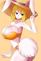 Rule 34 | 1girl, :3, absurdres, animal ears, ass, bikini, breasts, carrot (one piece), cleavage, furry, furry female, hat, highres, large breasts, looking at viewer, lucyfer, one piece, orange bikini, rabbit ears, rabbit tail, simple background, solo, standing, sun hat, sweat, swimsuit, v, wide hips