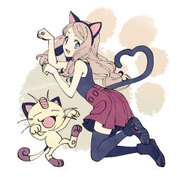Rule 34 | 1girl, :d, animal ears, bare arms, black footwear, black shirt, black thighhighs, blue eyes, brown hair, cat ears, cat tail, commentary request, creatures (company), eyelashes, fang, game freak, gen 1 pokemon, hairband, kanimaru, long hair, looking at viewer, meowth, nintendo, open mouth, paw pose, pleated skirt, pokemon, pokemon (anime), pokemon (creature), pokemon xy (anime), red skirt, serena (pokemon), shirt, shoes, skirt, sleeveless, sleeveless shirt, smile, tail, thighhighs, tongue
