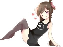 Rule 34 | 1girl, :&gt;, ;q, arm behind head, arm support, bad id, bad pixiv id, bare arms, black dress, blunt bangs, blush, brown hair, brown thighhighs, collarbone, commentary, crossed legs, dress, folded ponytail, from side, heart, looking at viewer, no shoes, one eye closed, original, purple eyes, reclining, simple background, sleeveless, sleeveless dress, solo, thighhighs, tongue, tongue out, tsukiyo (skymint), white background