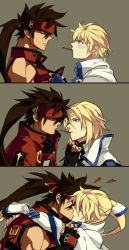 Rule 34 | 2boys, 3koma, alternate hair length, alternate hairstyle, blonde hair, blue eyes, blush, brown hair, comic, eye contact, closed eyes, guilty gear, guilty gear 2, guilty gear xrd, headband, heart, height difference, highres, hug, kiss, ky kiske, looking at another, male focus, min (minyinr), mouth hold, multiple boys, pocky, pocky kiss, ponytail, red eyes, shared food, silent comic, sol badguy, tiara, yaoi