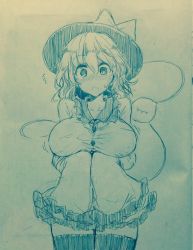 Rule 34 | 1girl, alternate breast size, blush, bow, breasts, cowboy shot, efukei, flying sweatdrops, hair between eyes, hat, hat bow, heart, heart-shaped pupils, highres, komeiji koishi, large breasts, miniskirt, monochrome, motion lines, nose blush, open mouth, short hair, skirt, solo, sweat, symbol-shaped pupils, taut clothes, thighhighs, third eye, touhou, traditional media, zettai ryouiki