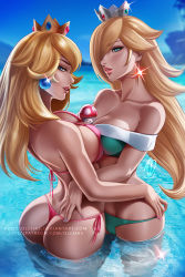 Rule 34 | 2girls, adapted costume, alternate costume, aqua bikini, artist name, ass, bare arms, bare shoulders, between breasts, bikini, blonde hair, blue eyes, blush, breast press, breasts, cleavage, collarbone, crown, dated, day, earrings, hair over one eye, hug, huge ass, jewelry, large breasts, lips, lipstick, long hair, looking at viewer, looking back, makeup, mario (series), midriff, multiple girls, mushroom, nail polish, neck, nintendo, off-shoulder bikini, off shoulder, olchas, one-piece swimsuit, open mouth, outdoors, parted lips, partially submerged, patreon username, pink bikini, pink lips, princess peach, rosalina, side-tie bikini bottom, smile, standing, star (symbol), star earrings, super mario bros. 1, super mario galaxy, swimsuit, symmetrical docking, water