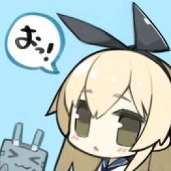 Rule 34 | &gt; &lt;, 10s, 1girl, :&lt;, :3, blonde hair, blue background, brown eyes, chibi, closed eyes, hairband, kantai collection, long hair, lowres, minono aki, open mouth, rensouhou-chan, robot, school uniform, serafuku, shimakaze (kancolle), simple background, solo, triangle mouth, turret