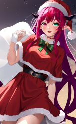 Rule 34 | 1girl, absurdres, belt, black belt, blue eyes, bow, breasts, capelet, christmas, dress, fur-trimmed dress, fur trim, green bow, hat, heterochromia, highres, hirahiragi (h1rqg1), holding, holding sack, hololive, hololive english, horns, irys (hololive), long hair, looking at viewer, night, night sky, open mouth, pink eyes, pointy ears, purple hair, red capelet, red dress, red hat, sack, santa dress, santa hat, sky, solo, star (sky), symbol-shaped pupils, very long hair, virtual youtuber