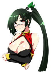 Rule 34 | 1girl, bare shoulders, black hair, blazblue, blush, breasts, china dress, chinese clothes, cleavage, crossed arms, detached sleeves, dress, glasses, hair ornament, kaname nagi, lao jiu, large breasts, litchi faye ling, long hair, looking at viewer, red eyes, semi-rimless eyewear, side ponytail, simple background, smile, solo, under-rim eyewear, upper body, white background