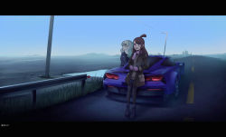 Rule 34 | 2017, 2girls, ankle boots, asymmetrical bangs, black legwear, blonde hair, blue skirt, blue sky, blueriest, boots, brown hair, building, car, chevrolet corvette, chevrolet corvette c7, city, coat, coffee cup, commentary, cup, diana cavendish, disposable cup, dusk, english commentary, green hair, highres, horizon, kagari atsuko, letterboxed, little witch academia, long hair, mittens, motor vehicle, multicolored hair, multiple girls, on vehicle, outdoors, pantyhose, pleated skirt, red eyes, road, scarf, skirt, sky, skyline, skyscraper, topknot, two-tone hair, winter clothes, winter coat, zipper footwear