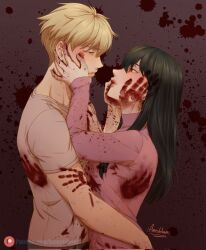 Rule 34 | 1boy, 1girl, amesbloom, black hair, blonde hair, blood, blood on clothes, blood on face, blood on hands, bloody handprints, breasts, handprint, hetero, highres, holding, hug, husband and wife, large breasts, long hair, looking at another, open mouth, shirt, short hair, spy x family, twilight (spy x family), yor briar