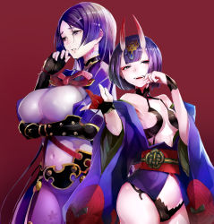 Rule 34 | 2girls, :d, bare shoulders, belt, black gloves, blood, blood on hands, blush, bodysuit, bracer, breasts, cleavage, contrapposto, covered erect nipples, covered navel, cowboy shot, crying, crying with eyes open, dripping, eyeliner, eyeshadow, fate/grand order, fate (series), finger to mouth, fingerless gloves, fingernails, gloves, gradient background, headpiece, highres, horns, japanese clothes, kimono, large breasts, light particles, long hair, long sleeves, looking at viewer, makeup, minamoto no raikou (fate), multiple girls, navel, off shoulder, oni, open clothes, open kimono, open mouth, parted lips, pelvic curtain, puffy sleeves, purple background, purple bodysuit, purple eyes, purple hair, purple kimono, red background, revealing clothes, short hair, short kimono, shuten douji (fate), simple background, skin-covered horns, small breasts, smile, sparks, standing, taishi (picchiridou), tears, teeth, thighs, vambraces, very long hair, wide sleeves