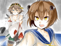 Rule 34 | 10eki (tenchou), 10s, bare shoulders, brown hair, damaged, detached sleeves, hairband, headgear, hiei (kancolle), japanese clothes, kantai collection, multiple girls, nontraditional miko, open mouth, rain, short hair, torn clothes, yellow eyes, yukikaze (kancolle)