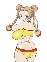Rule 34 | 1girl, ass, blonde hair, blue eyes, breasts, butt crack, chuunibyou demo koi ga shitai!, dekomori sanae, double bun, eleven929rr, covered erect nipples, large breasts, long hair, plump, solo, swimsuit, tongue, tongue out, twintails, whale tail (clothing)