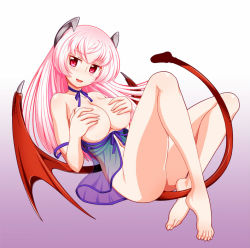 Rule 34 | 1girl, babydoll, bare shoulders, barefoot, bat wings, blush, bottomless, breasts, breasts out, covering privates, covering breasts, demon girl, demon tail, demon wings, female focus, horns, large breasts, legs, lingerie, long hair, navel, no bra, no panties, open mouth, original, pink eyes, pink hair, red eyes, red wings, sitting, smile, solo, soubee1, strap slip, demon girl, tail, underwear, wings