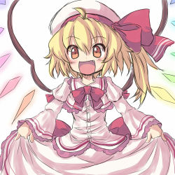 Rule 34 | 1girl, blonde hair, blush, cicin, cosplay, curtsey, dress, dress tug, fang, female focus, flandre scarlet, hat, open mouth, pink dress, red eyes, remilia scarlet, remilia scarlet (cosplay), side ponytail, smile, solo, embodiment of scarlet devil, touhou, wings