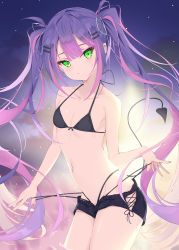 Rule 34 | 1girl, absurdres, bad id, bad pixiv id, barbell piercing, bare arms, bare shoulders, bikini, bikini top only, black bikini, black shorts, collarbone, colored inner hair, commentary, demon tail, ear piercing, english commentary, front-tie bikini top, front-tie top, green eyes, hair ornament, hairclip, halterneck, highres, hololive, industrial piercing, long hair, looking at viewer, multi-strapped bikini, multicolored hair, multicolored nails, nail polish, navel piercing, parted lips, piercing, pink hair, pink nails, pointy ears, purple hair, short shorts, shorts, sidelocks, solo, streaked hair, swimsuit, tail, tokoyami towa, twintails, virtual youtuber, yellow nails, yohagi