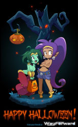 Rule 34 | 2girls, ahoge, artist request, bag, boots, breasts, circlet, colored skin, cosplay, costume switch, dark-skinned female, dark skin, earrings, english text, eyelashes, frown, glowing, glowing eyes, green hair, green skin, hairband, halloween, happy halloween, jack-o&#039;-lantern, jewelry, long hair, looking at another, looking away, looking up, multiple girls, open mouth, pigeon-toed, pointy ears, ponytail, purple hair, rottytops, shantae, shantae (series), shorts, smile, standing, sweatdrop, third-party edit, topless, tree, very long hair, wayforward, zombie