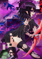 Rule 34 | 1girl, ahoge, asymmetrical wings, backless outfit, black hair, cloud, disintegration, dress, earrings, fangs, feather quilt, female focus, gradient background, highres, houjuu nue, jewelry, looking at viewer, looking back, open mouth, pointy ears, polearm, purple background, purple eyes, short hair, solo, thighhighs, torn clothes, torn thighhighs, touhou, trident, ufo, weapon, wings