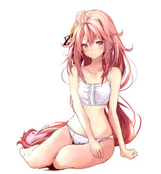 Rule 34 | 1girl, barefoot, black ribbon, blush, bra, breasts, closed mouth, commentary request, crescent, crescent hair ornament, gradient hair, hair between eyes, hair ornament, hair ribbon, highres, kantai collection, long hair, looking at viewer, multicolored hair, panties, pink eyes, pink hair, rabbit hair ornament, red hair, ribbon, rizzl, simple background, sitting, small breasts, solo, underwear, underwear only, uzuki (kancolle), very long hair, white background, white bra, white panties