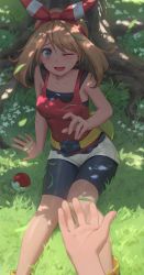 Rule 34 | 1girl, absurdres, arm support, bare shoulders, belt, bike shorts, black shorts, blue eyes, blush, breasts, brown hair, collarbone, creatures (company), dappled sunlight, day, feet out of frame, fingernails, free style (yohan1754), game freak, grass, hair ribbon, highres, long hair, looking at viewer, may (pokemon), medium breasts, nintendo, on grass, on ground, one eye closed, open mouth, outdoors, poke ball, pokemon, pokemon oras, pouch, pov, pov hands, red tank top, ribbon, shorts, sitting, smile, solo focus, sunlight, tank top, tree