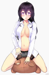Rule 34 | 1girl, bad id, bad pixiv id, bare legs, beifeng han, black hair, blush, breasts, center opening, chinese text, cleavage, collarbone, dress shirt, flower, full body, glowing, glowing eyes, hair flower, hair ornament, highres, jpeg artifacts, kneeling, large breasts, long hair, long sleeves, looking at viewer, miyaura sanshio, navel, no bra, open clothes, open shirt, original, panties, parted lips, pink eyes, shirt, solo, stomach, stuffed animal, stuffed toy, teddy bear, underwear, white panties, white shirt