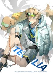 Rule 34 | 1boy, animal ears, arknights, arm support, blonde hair, blue eyes, blue jacket, blue shirt, character name, commentary request, dadijiji, dog, dog boy, dog ears, dog tail, eyewear on head, food, food in mouth, green-tinted eyewear, grey shorts, highres, hood, hooded jacket, jacket, jewelry, leash, long sleeves, looking at viewer, male focus, necklace, popsicle, shirt, short hair, shorts, sitting, solo, sunglasses, tail, tequila (arknights), tinted eyewear, watch, wristwatch