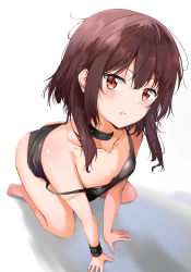Rule 34 | 1girl, absurdres, all fours, barefoot, black bra, black panties, blush, bra, breasts, brown hair, camisole, cleavage, collar, collarbone, foreshortening, from above, highres, kono subarashii sekai ni shukufuku wo!, looking at viewer, megumin, messy hair, panties, red eyes, short hair, short hair with long locks, simple background, small breasts, solo, spiked collar, spikes, studded bracelet, sunhyun, underwear, white background