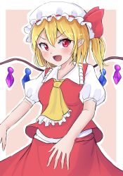 Rule 34 | 1girl, :d, alternate hairstyle, arms up, ascot, blonde hair, blush, breasts, cowboy shot, crystal, flandre scarlet, frilled shirt collar, frills, hair between eyes, hat, highres, houri sh, looking at viewer, mob cap, open mouth, pink background, ponytail, puffy short sleeves, puffy sleeves, red eyes, red skirt, red vest, short hair, short sleeves, skirt, skirt set, small breasts, smile, solo, touhou, v-shaped eyebrows, vest, wings, yellow ascot