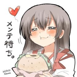 Rule 34 | 10s, 1girl, :t, = =, akagi (kancolle), bad id, bad twitter id, blush, brown hair, burger, eating, closed eyes, food, foodgasm, heart, kantai collection, long hair, lowres, rebecca (keinelove), solo