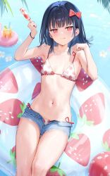 Rule 34 | 1girl, afloat, bare shoulders, bikini, black hair, blue shorts, blunt bangs, blush, bracelet, breasts, closed mouth, collarbone, day, denim, denim shorts, food, food-themed clothes, food-themed hair ornament, food print, from above, fruit, hair ornament, hair ribbon, hairclip, holding, holding food, holding popsicle, ichigo-chan (mignon), innertube, jewelry, licking lips, medium hair, midriff, mignon, navel, navel focus, open clothes, open fly, open shorts, original, popsicle, popsicle stick, red eyes, ribbon, shiny skin, short shorts, shorts, side-tie bikini bottom, small breasts, smile, solo, stomach, strawberry, strawberry hair ornament, strawberry print, swim ring, swimsuit, tongue, tongue out, water, wet, wet clothes, white bikini