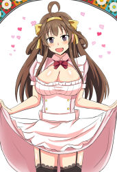 Rule 34 | 10s, 1girl, :d, ahoge, alternate costume, apron, black thighhighs, blush, bow, bowtie, breasts, brown hair, buttons, cleavage, cleavage cutout, clothes lift, clothing cutout, cowboy shot, double bun, dress, dress lift, enmaided, female focus, flower, frilled apron, frills, garter straps, hair bow, hair bun, hair rings, hairband, happy, heart, kantai collection, kongou (kancolle), lace, lace-trimmed legwear, lace trim, large breasts, legs, long hair, looking at viewer, maid, maid apron, open mouth, pink dress, purple eyes, shigure ryuunosuke, shiny skin, short sleeves, sidelocks, skirt, skirt lift, smile, solo, standing, taut clothes, thighhighs, waitress, white background, zettai ryouiki
