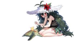 Rule 34 | 1girl, @ @, antenna hair, azur lane, bare shoulders, barefoot, bikini, black bikini, blush, bow, byulzzi, feet, flower, green hair, hat, hat flower, heart, highres, leg tattoo, long hair, looking at viewer, manjuu (azur lane), official alternate costume, official art, open mouth, outdoors, red bow, red eyes, red flower, see-through, sitting, smile, soles, solo, straw hat, sun hat, swimsuit, tattoo, toes, torricelli (azur lane), torricelli (shady seaside) (azur lane), transparent background, turtle, wariza