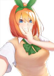 Rule 34 | 1girl, absurdres, akaneiro (akane color35), blue eyes, blush, bow, breasts, commentary, eyebrows hidden by hair, foreshortening, go-toubun no hanayome, green bow, green ribbon, grin, hair between eyes, hair ribbon, hand on own face, hand up, heart, heart-shaped pupils, highres, large breasts, looking at viewer, medium hair, nakano yotsuba, orange hair, plaid, plaid bow, ribbon, school uniform, selfie, shirt, short sleeves, sidelighting, simple background, smile, solo, straight hair, sweater vest, symbol-shaped pupils, upper body, white background, white shirt, yellow sweater vest