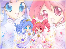 Rule 34 | 00s, 2girls, :d, blue eyes, blue hair, border, dress, drill hair, eighth note, fine (futagohime), fushigiboshi no futago hime, holding, multiple girls, musical note, open mouth, prominencedressup, red eyes, red hair, rein (futagohime), smile, twin drills, twintails