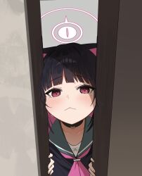 Rule 34 | 1girl, absurdres, animal ears, black choker, black hair, black jacket, blue archive, blush, cat ears, choker, closed mouth, collarbone, colored inner hair, door, green sailor collar, halo, highres, jacket, kazusa (blue archive), looking at viewer, momocadraw, multicolored hair, neckerchief, pink hair, pink halo, pink neckerchief, red eyes, sailor collar, short hair, solo, upper body