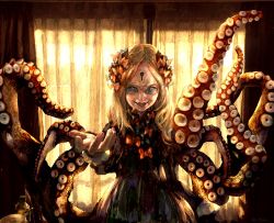 Rule 34 | 1girl, abigail williams (fate), absurdres, artist name, black bow, black dress, blonde hair, blue eyes, bottle, bow, commentary request, curtains, dress, fangs, fate/grand order, fate (series), forehead, hair bow, hand up, highres, horror (theme), indoors, keyhole, long hair, long sleeves, looking at viewer, multiple hair bows, open mouth, orange bow, parted bangs, sharp teeth, smile, solo, t0da, teeth, tentacles
