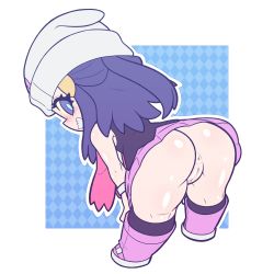 Rule 34 | 1girl, absurdres, anus, ass, beanie, blue eyes, blue hair, blush, chibi, cleft of venus, creatures (company), dawn (pokemon), game freak, hair ornament, hat, highres, huge ass, kaikoinu, looking back, nintendo, no panties, open hands, pink footwear, pink skirt, pokemon, pokemon bdsp, pussy, shiny skin, skirt, smile, solo, thick thighs, thighs, uncensored, white background, white hat