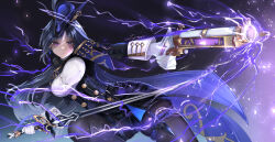 Rule 34 | 1girl, absolution (genshin impact), absurdres, arm up, black background, black hair, black jacket, black pantyhose, black skirt, blue background, blue hat, breasts, buttons, cape, clorinde (genshin impact), closed mouth, commentary, earrings, electricity, english commentary, epaulettes, garter belt, genshin impact, gloves, gold trim, gradient background, gun, hair between eyes, hand up, handgun, hat, hat feather, hat ornament, highres, holding, holding gun, holding sword, holding weapon, iron sting (genshin impact), jacket, jewelry, large breasts, long hair, long sleeves, looking to the side, multicolored background, nemmori draws, open clothes, open jacket, pantyhose, ponytail, purple background, purple cape, purple eyes, shirt, signature, skirt, solo, sword, v-shaped eyebrows, weapon, white gloves, white shirt