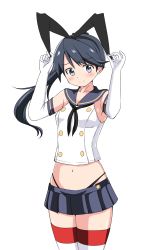 Rule 34 | 1girl, black hairband, black neckerchief, black panties, blue eyes, blue hair, blue sailor collar, blue skirt, closed mouth, collarbone, cosplay, cowboy shot, crop top, elbow gloves, gloves, hairband, high ponytail, highleg, highleg panties, highres, houshou (kancolle), kantai collection, microskirt, nanakusa suzuna, navel, neckerchief, panties, pleated skirt, sailor collar, sailor shirt, shimakaze (kancolle), shimakaze (kancolle) (cosplay), shirt, simple background, skirt, sleeveless, sleeveless shirt, smile, solo, striped clothes, striped thighhighs, thighhighs, underwear, white background, white gloves, white shirt