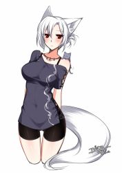 Rule 34 | 1girl, animal ears, bike shorts, blouse, blush, breasts, cat, commentary request, covered navel, dated, dress, folded ponytail, fox ears, fox tail, grey shirt, hair between eyes, jewelry, konshin, large breasts, looking at viewer, necklace, original, purple dress, red eyes, shirt, short dress, short hair, signature, solo, tail, thigh gap, white hair