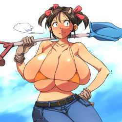 Rule 34 | 1girl, breasts, brown hair, bursting breasts, cleavage, cow girl, gigantic breasts, gloves, hand on own hip, hataraki ari, horns, original, shovel, solo, standing, sukimi, trembling, twintails, worktool, yellow eyes