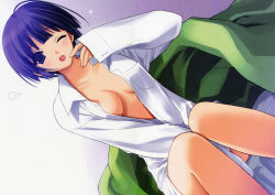 Rule 34 | 1girl, absurdres, bed, black hair, blue hair, breasts, center opening, dress shirt, dutch angle, highres, ichinose mio, one eye closed, open clothes, open mouth, open shirt, scan, shirt, short hair, sitting, solo, suzuhira hiro, white breath, wink, yawning