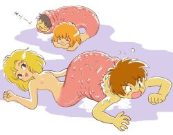 Rule 34 | 2boys, 2girls, :d, bad tag, black hair, blonde hair, blush, breasts, brown hair, closed eyes, female rapist, lying, monster girl, multiple boys, multiple girls, nipples, nude, on back, on stomach, open mouth, orange hair, original, pukao, rape, sea cucumber, simple background, slime (substance), small breasts, smile, vore, what