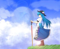 Rule 34 | 1girl, apron, black hat, blue hair, bow, cloud, cloudy sky, collared shirt, day, dress, food, frilled dress, frills, from side, fruit, grass, hat, hinanawi tenshi, long dress, long hair, peach, puffy short sleeves, puffy sleeves, red eyes, sash, shirt, short sleeves, sky, solo, sun hat, sword of hisou, teoi (good chaos), touhou, waist apron