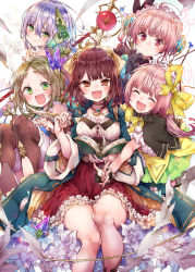 Rule 34 | 5girls, :d, alt (ctrldel), atelier (series), atelier sophie, black gloves, blue coat, blush, boots, bow, brown footwear, brown hair, coat, collared coat, closed eyes, firis mistlud, flower, frilled skirt, frills, gloves, green eyes, green skirt, hair bow, headgear, highres, holding, holding staff, long hair, lydie marlen, medium hair, medium skirt, multiple girls, open mouth, pink eyes, pink hair, plachta, pleated skirt, purple hair, red hair, red skirt, short hair, siblings, side ponytail, sisters, skirt, smile, sophie neuenmuller, staff, suelle marlen, thigh boots, thighhighs, twins, wide sleeves, yellow bow