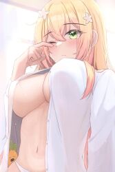 Rule 34 | 1girl, absurdres, blush, breasts, cleavage, closed mouth, commentary request, crossed bangs, dress shirt, flower, green eyes, groin, hair between eyes, hair flower, hair ornament, hand up, highres, hololive, large breasts, long hair, long sleeves, messy hair, mofu07519, momosuzu nene, navel, no bra, one eye closed, open clothes, open shirt, panties, shirt, sidelocks, sleepy, solo, stomach, underboob, underwear, upper body, very long hair, virtual youtuber, waking up, white flower, white panties, white shirt