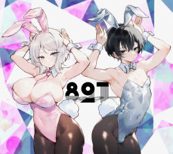 Rule 34 | 1boy, 1girl, animal ears, armpits, arms up, black eyes, black hair, blue bow, blue bowtie, blue eyes, bow, bowtie, breasts, brown pantyhose, bulge, covered navel, detached collar, fake animal ears, fake tail, faust (project moon), highres, huge breasts, large breasts, leotard, limbus company, male playboy bunny, necktie, pantyhose, pink leotard, pink necktie, project moon, rabbit ears, rabbit pose, short hair, tail, white hair, wrist cuffs, y0ru73, yi sang (project moon)