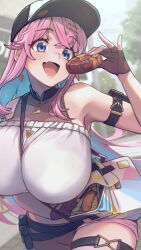 Rule 34 | 1girl, aqua hair, arm strap, baseball cap, between breasts, blurry, blurry background, blush, breasts, commission, day, doughnut, earrings, fang, fingerless gloves, food, gloves, hair ornament, hairclip, hat, holding, holding food, huge breasts, jewelry, long hair, mi2mi2 minmi, multicolored hair, nail polish, open mouth, original, outdoors, pink hair, pink nails, pink shorts, purple eyes, short shorts, shorts, skeb commission, skin fang, sleeveless, solo, strap between breasts, thigh strap