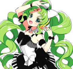 Rule 34 | 1girl, :d, arm up, bare shoulders, black bow, bow, colored eyelashes, cosplay, cowboy shot, dress, falulu, forehead jewel, frilled dress, frills, green hair, grey eyes, hand up, headphones, idol clothes, layered dress, long hair, looking at viewer, manaka laala, manaka laala (cosplay), open mouth, parted bangs, pretty series, pripara, sidelocks, simple background, smile, solo, sukoyaka (100hituzi), twintails, very long hair, white background, white bow, wrist bow