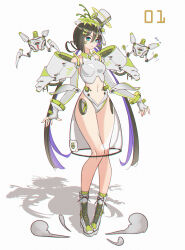 Rule 34 | 1girl, absurdres, alucard pie, android, black hair, blue eyes, boots, bow, breasts, chinese commentary, collared shirt, colored inner hair, computer fan, cropped shirt, elbow gloves, fingerless gloves, flower, full body, gloves, green bow, green flower, green hair, green socks, grey footwear, grey hat, grey panties, grey shirt, hair between eyes, hair bow, halter shirt, halterneck, hat, hat flower, highres, long hair, looking at viewer, medium breasts, multicolored hair, navel, original, panties, parted lips, purple hair, robot, see-through, see-through skirt, shadow, shirt, skirt, sleeveless, sleeveless shirt, socks, solo, streaked hair, top hat, underwear, very long hair, white background